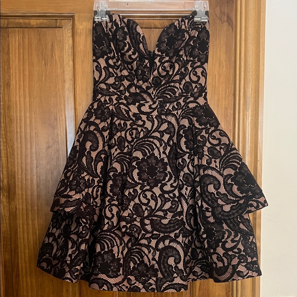 Strapless Black Lace Overlay Cocktail Dress with Blush Underlay